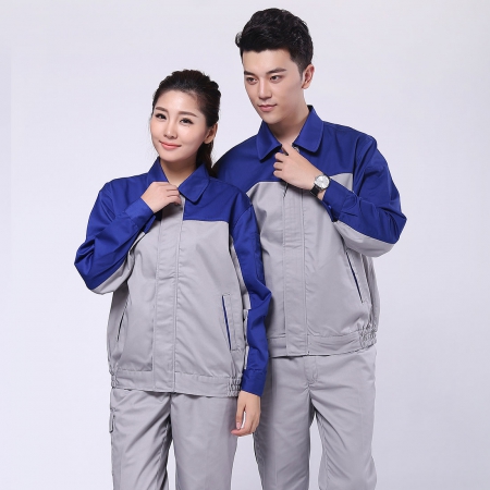 艳蓝配浅灰涤棉纱卡仓管员工作服制作AC072-CC